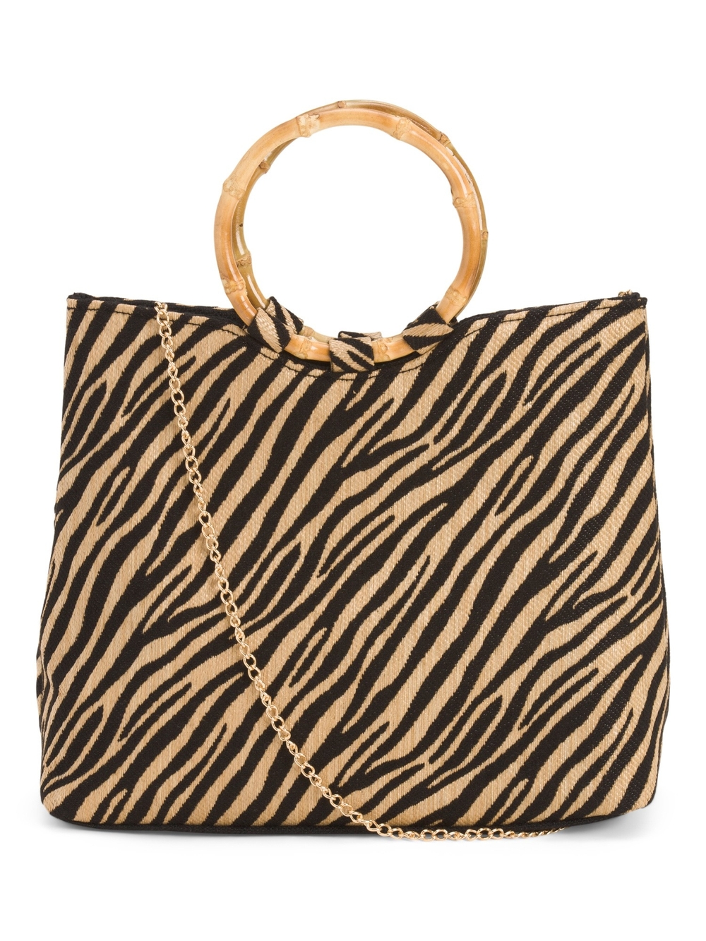 Zebra-Print Tote with Bamboo Ring Handles - Beige & Black